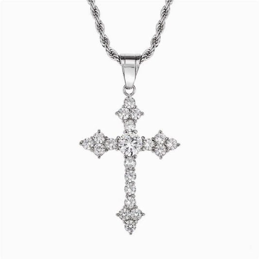 Crowned Ice Silver Cross with Gemstone Drop Necklace – Classic Hip-Hop Style with Faith