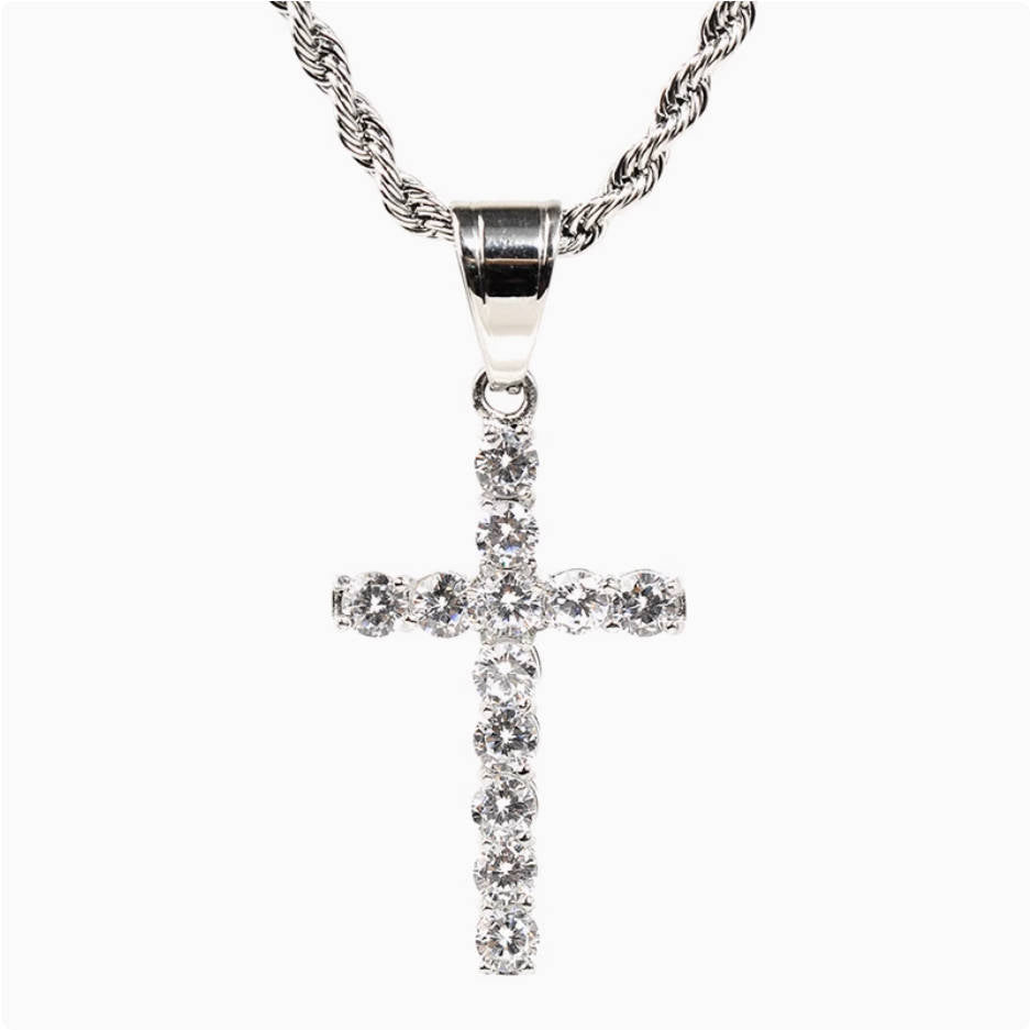Crowned Ice Silver Cross with Gemstone Drop Necklace – Classic Hip-Hop Style with Faith