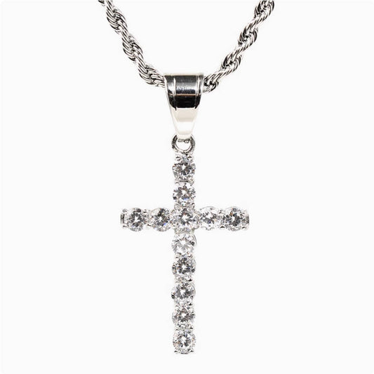 Crowned Ice Silver Cross with Gemstone Drop Necklace – Classic Hip-Hop Style with Faith
