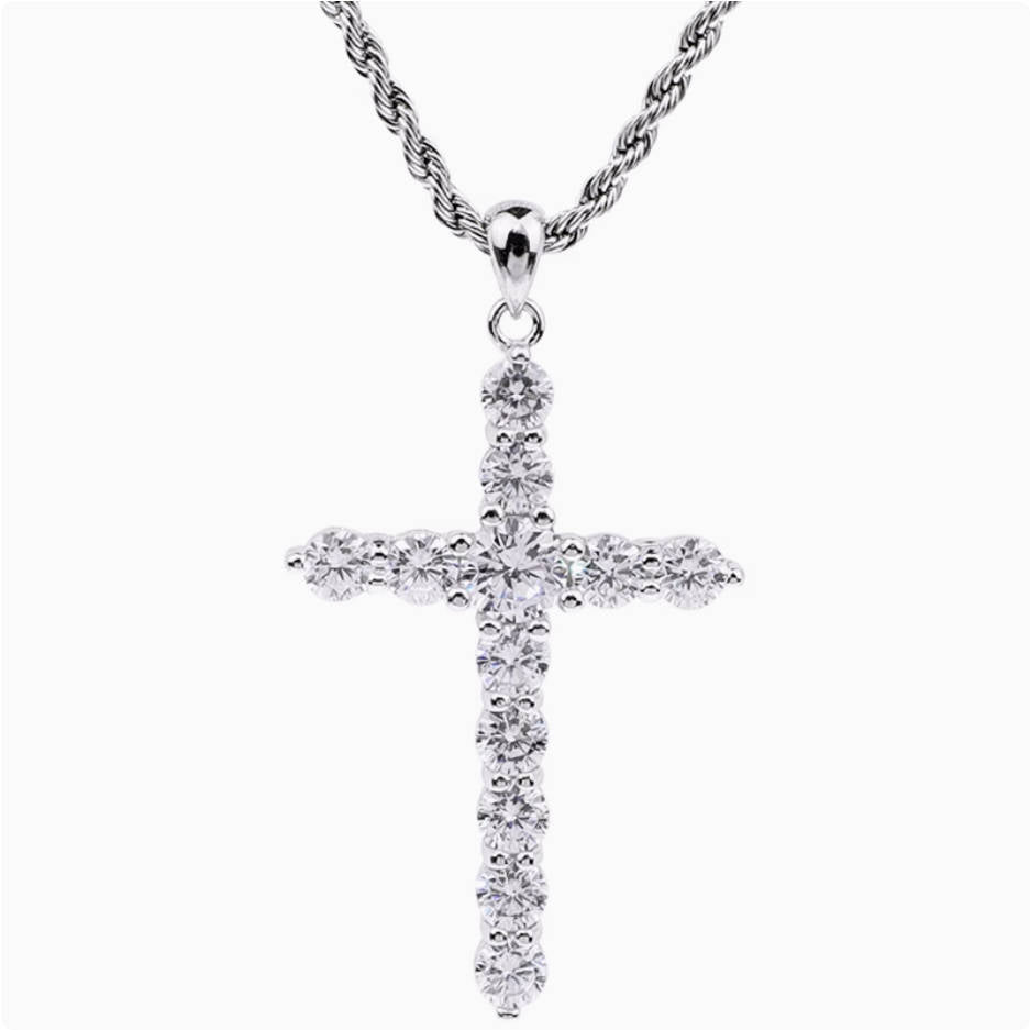 Crowned Ice Silver Cross with Gemstone Drop Necklace – Classic Hip-Hop Style with Faith