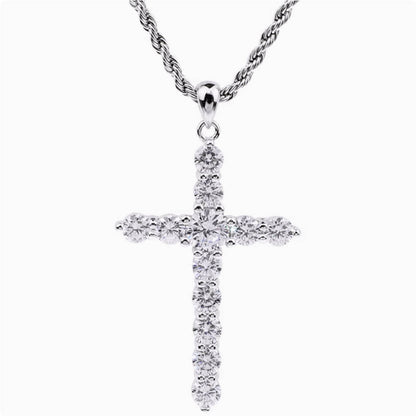 Crowned Ice Silver Cross with Gemstone Drop Necklace – Classic Hip-Hop Style with Faith