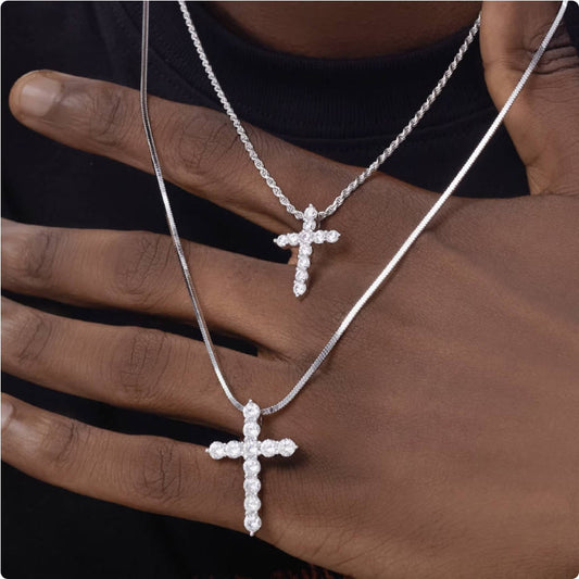 Crowned Ice S925 Cross Necklace with Full Gem Pave – Romantic Faith Chain for Couples