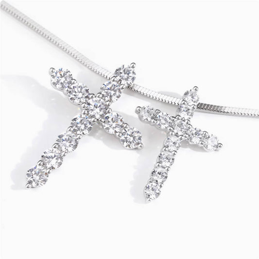 Crowned Ice S925 Cross Necklace with Full Gem Pave – Romantic Faith Chain for Couples