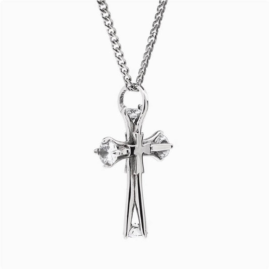 Crowned Ice S925 Double Cross Pendant Necklace – Layered Street Style with Meaning
