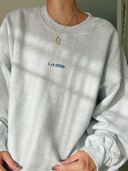 PREMIUM EMBROIDERED CREWNECK | "I ♥ JESUS" | ASH | TOP SELLER!