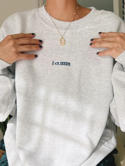 PREMIUM EMBROIDERED CREWNECK | "I ♥ JESUS" | ASH | TOP SELLER!