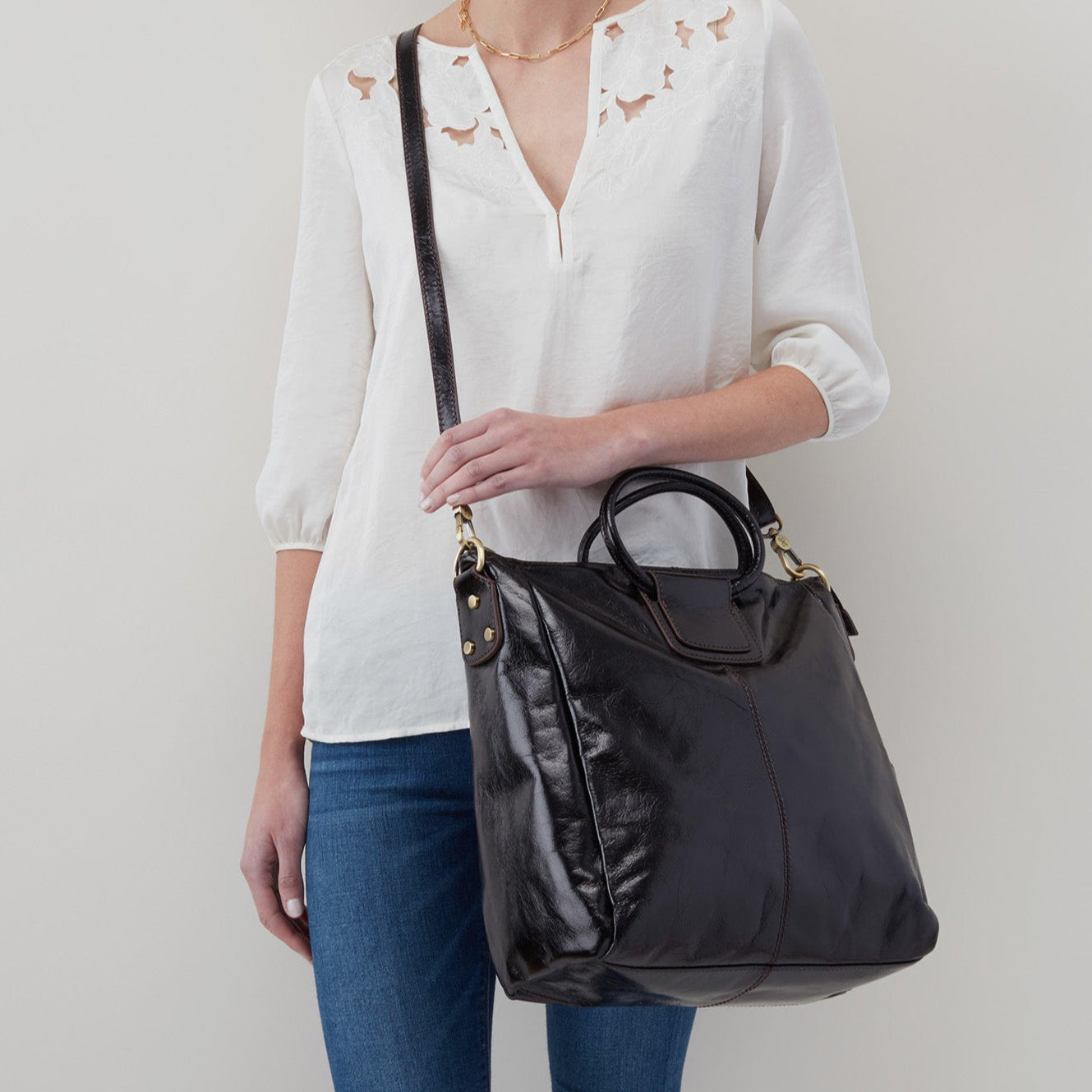 Women's Large Satchel In Polished Leather - Black