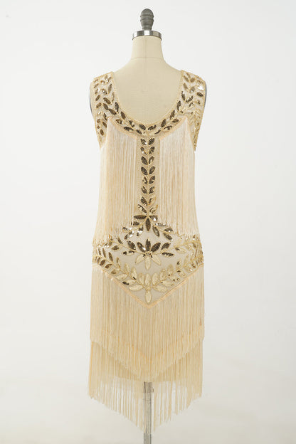 Champagne 1920s Gatsby-Style Sequin & Fringed Flapper Dress