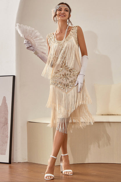 Blue Apricot 1920s Gatsby-Style Round-Neck Flapper Dress with Sequins & Fringe