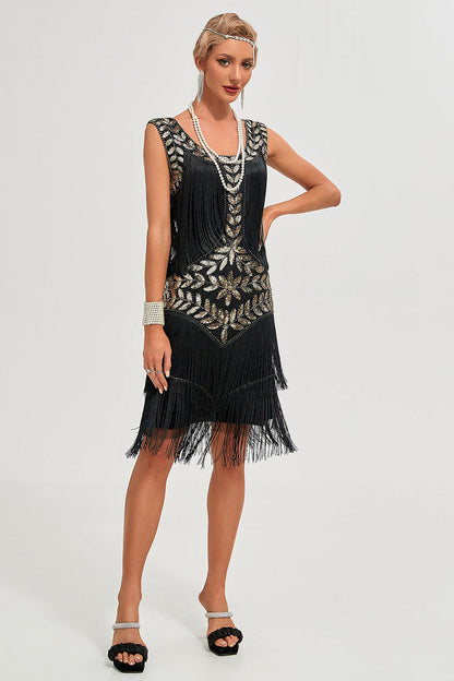 Champagne 1920s Gatsby-Style Sequin & Fringed Flapper Dress