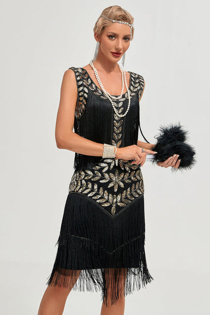 Champagne 1920s Gatsby-Style Sequin & Fringed Flapper Dress