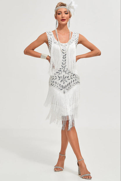 Champagne 1920s Gatsby-Style Sequin & Fringed Flapper Dress