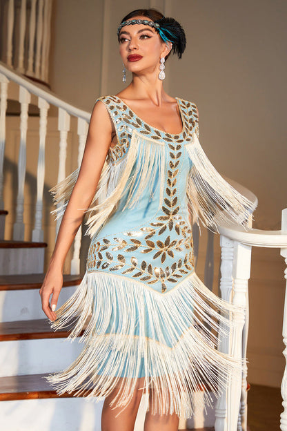 Champagne 1920s Gatsby-Style Sequin & Fringed Flapper Dress