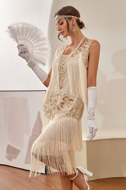 Blue Apricot 1920s Gatsby-Style Round-Neck Flapper Dress with Sequins & Fringe