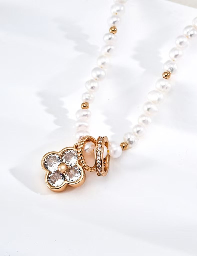 Four Leaf Clover Pearl Charm Necklace