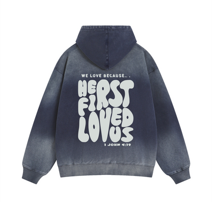 Washed Black "He First Loved Us" Hoodie - 1 John 4:19 Faith Pullover, Organic Cotton