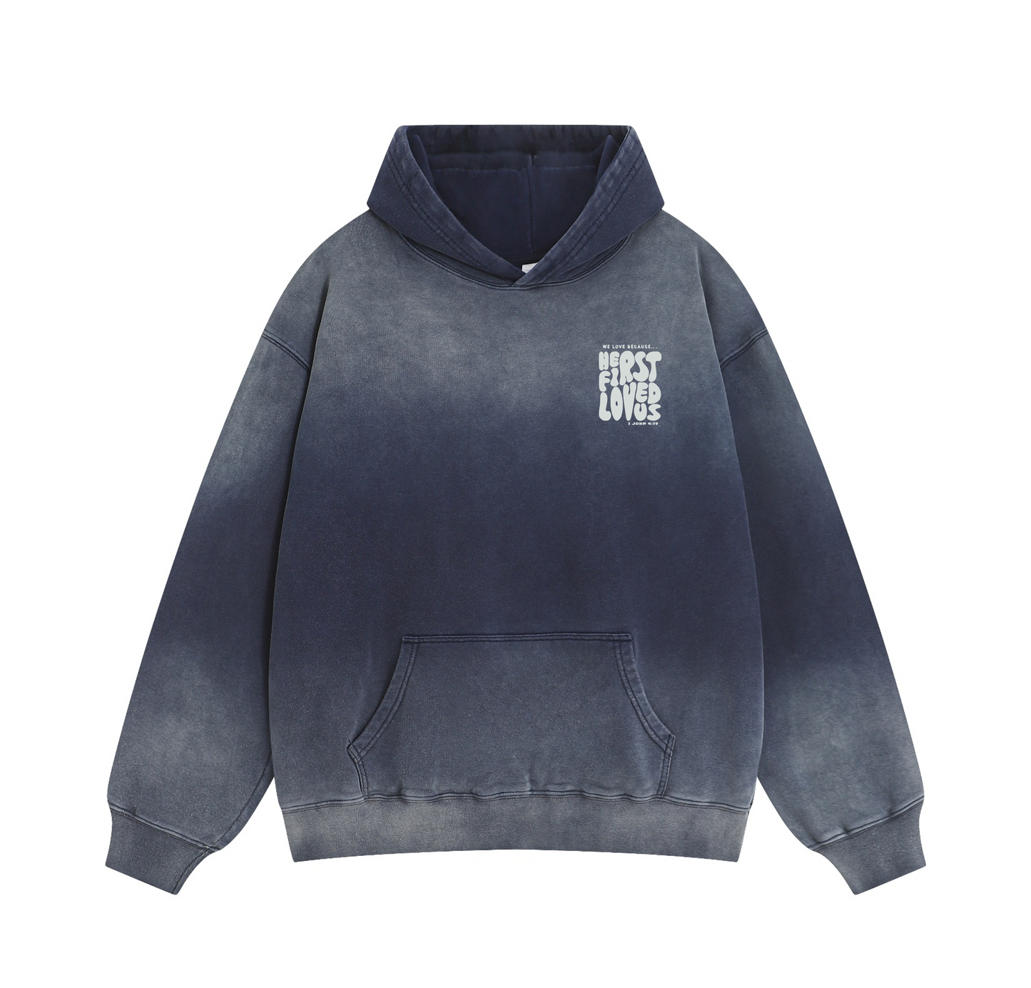 Washed Black "He First Loved Us" Hoodie - 1 John 4:19 Faith Pullover, Organic Cotton