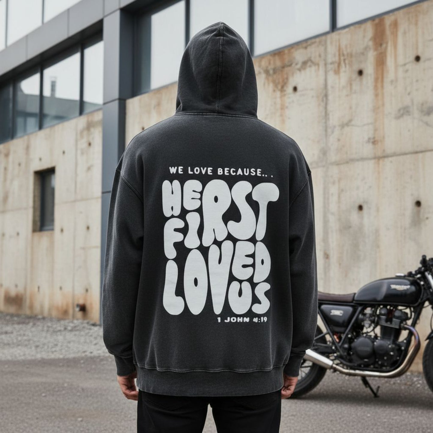 Washed Black "He First Loved Us" Hoodie - 1 John 4:19 Faith Pullover, Organic Cotton