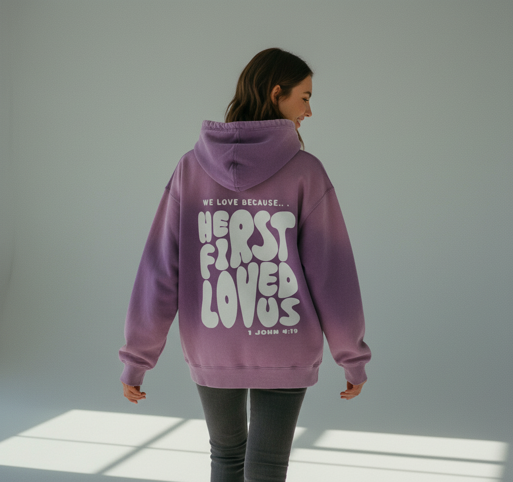 Washed Black "He First Loved Us" Hoodie - 1 John 4:19 Faith Pullover, Organic Cotton