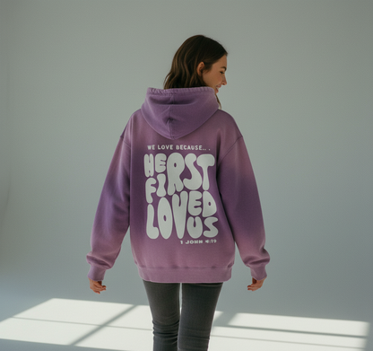 Washed Black "He First Loved Us" Hoodie - 1 John 4:19 Faith Pullover, Organic Cotton