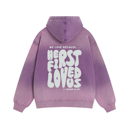Washed Black "He First Loved Us" Hoodie - 1 John 4:19 Faith Pullover, Organic Cotton