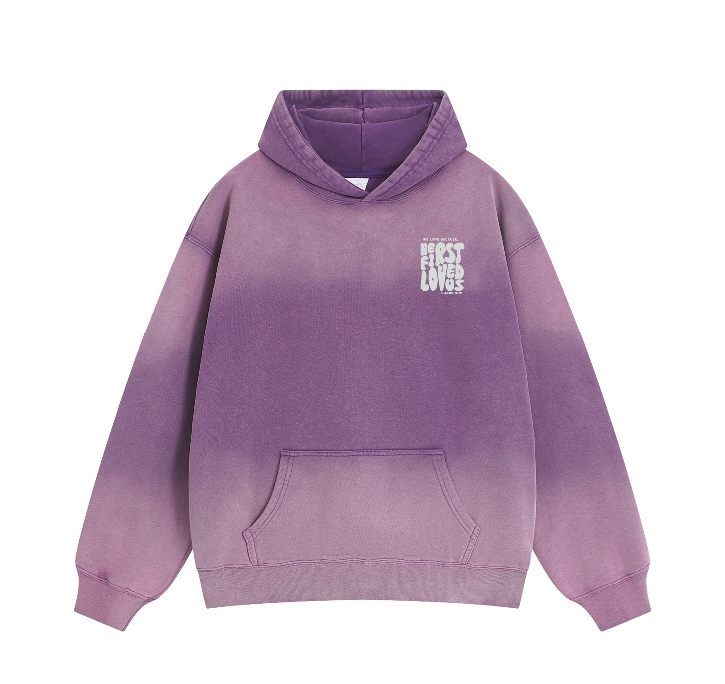 Washed Black "He First Loved Us" Hoodie - 1 John 4:19 Faith Pullover, Organic Cotton